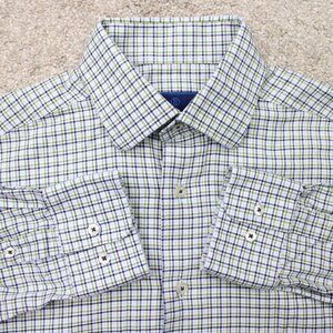David Donahue‎ Shirt Mens 15, 32/33 Green/Blue Trim Fit 100% Cotton Long Sleeve